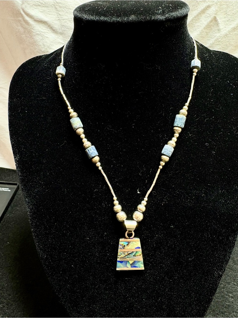 Vintage Handmade Sterling Silver beads and Blue Abalone Pendant Necklace